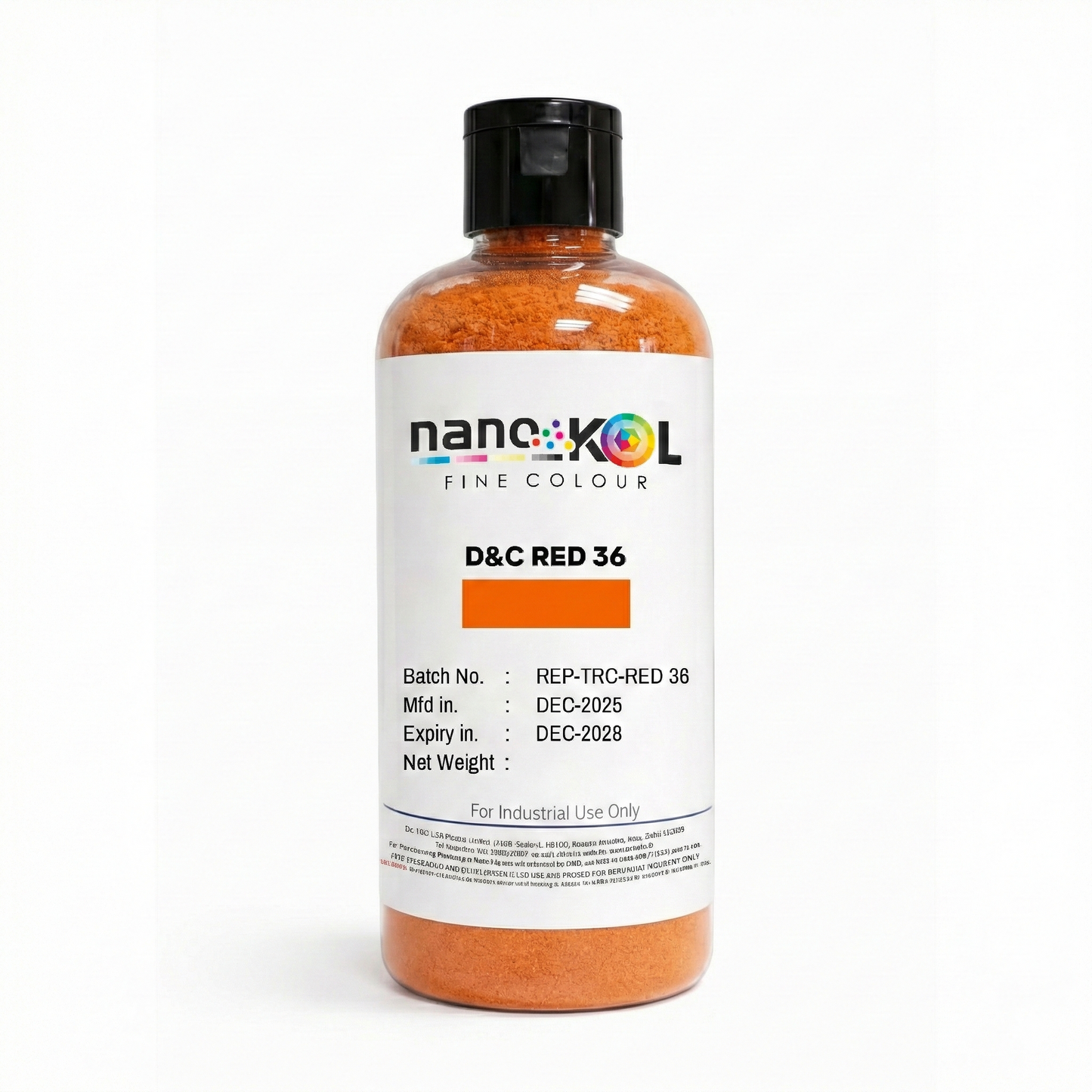 D&C Red 36 cosmetic colorant, 100 g pack, product shown on a white background
