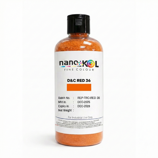 D&C Red 36 cosmetic colorant, 100 g pack, product shown on a white background