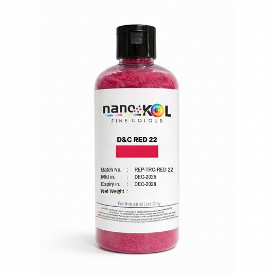 D&C Red 22 cosmetic colorant powder, 100 g pack, displayed on a white background