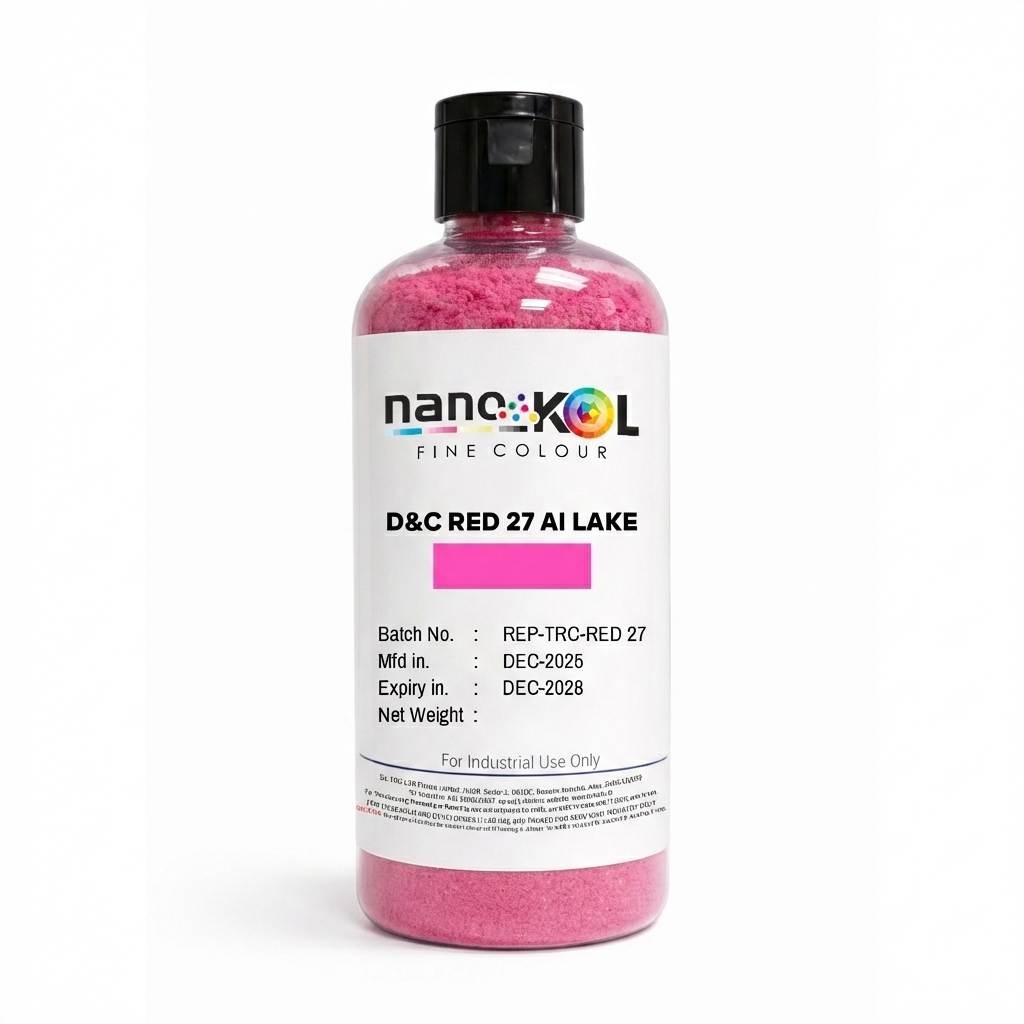 D&C Red 27 AI Lake pigment, 100 g cosmetic colorant in container, displayed on a white background