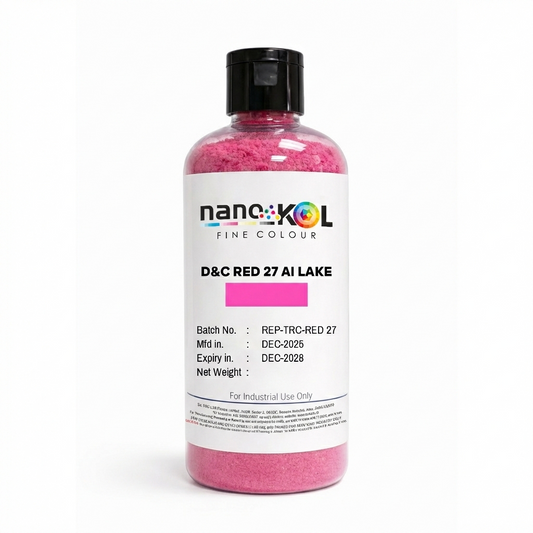 D&C Red 27 AI Lake pigment, 100 g cosmetic colorant in container, displayed on a white background