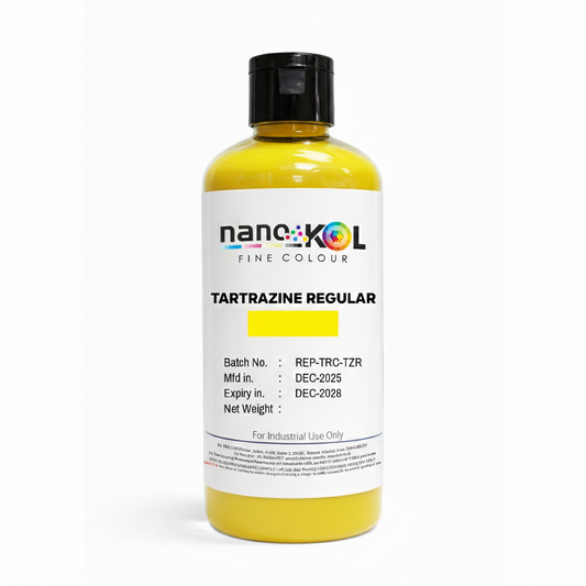 Tartrazine Regular 100 g cosmetic colorant powder in container, displayed on white background