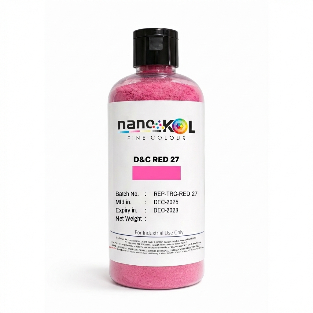 D&C Red 27 cosmetic colorant, 100 g pack, shown on a white background