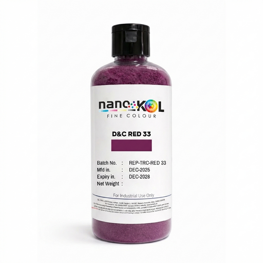 D&C Red 33 cosmetic colorant 100 g pack displayed on a white background