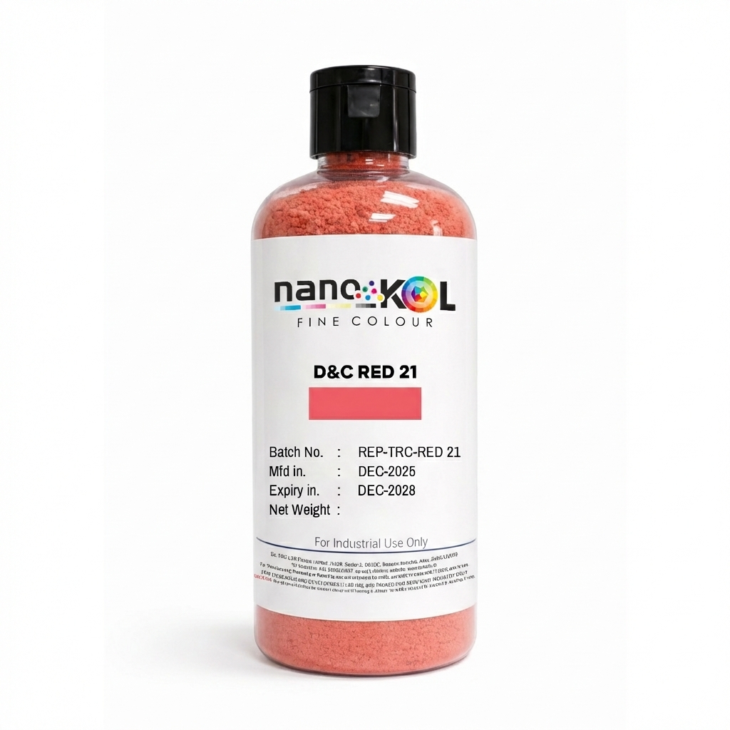 D&C Red 21 cosmetic colorant, 100 g pack, shown against a white background