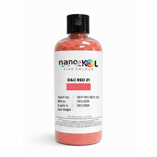 D&C Red 21 cosmetic colorant, 100 g pack, shown against a white background