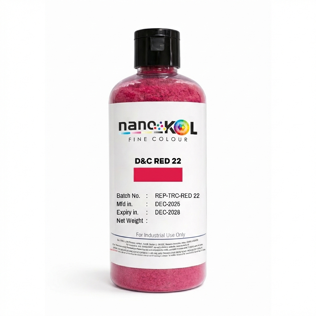 D&C Red 22 cosmetic colorant powder, 100 g pack, displayed on a white background