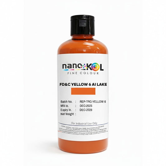 FD&C Yellow 6 AI Lake 100 g cosmetic colorant powder in white packaging, displayed on a white background