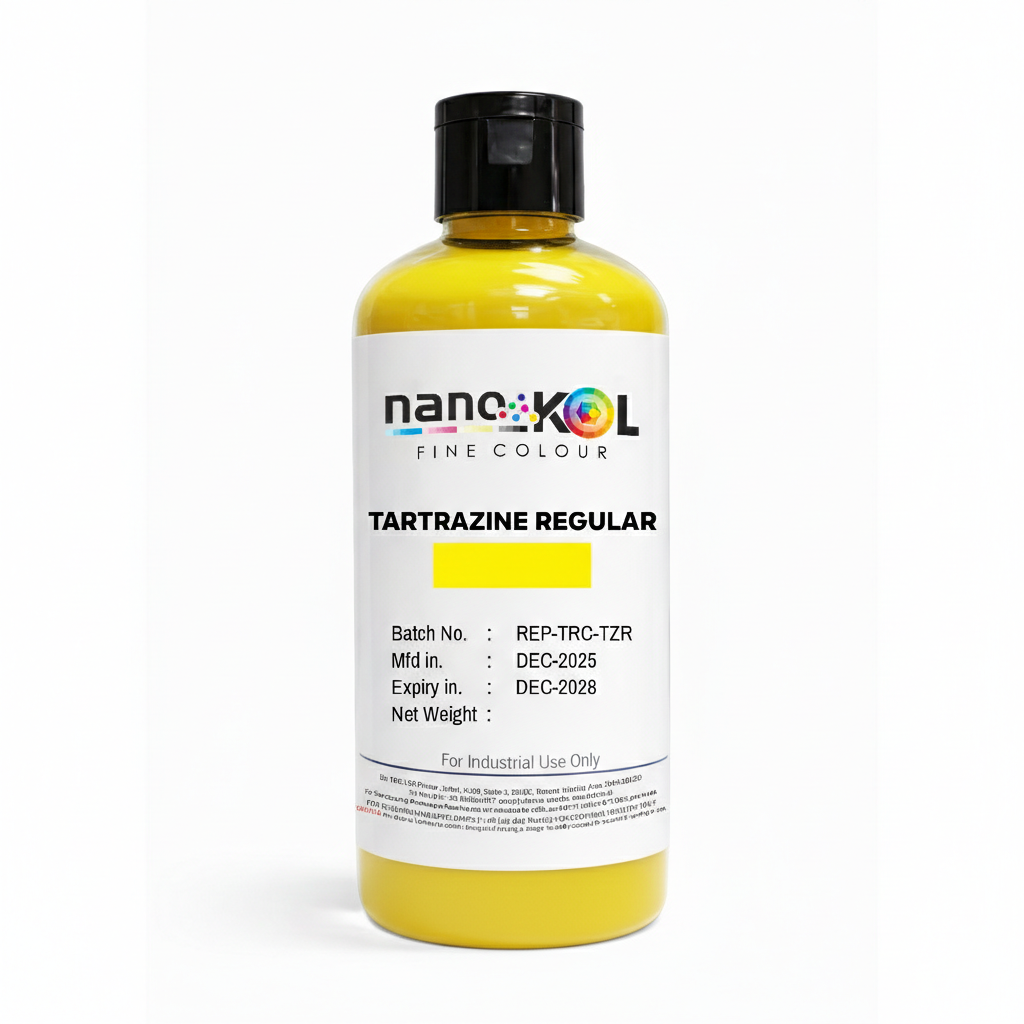 Tartrazine Regular 100 g cosmetic colorant powder in container, displayed on white background